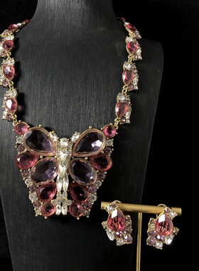 中古设计感百搭时尚粉钻气质欧美风大蝴蝶吊坠项链耳钉首饰套装