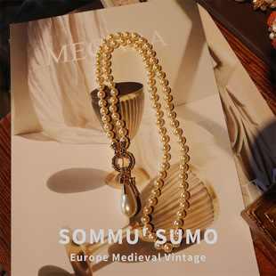 vintage古着 优雅婉约香槟色手工打结珍珠蝴蝶结水滴吊坠长款项链