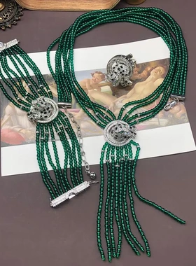优雅复古多层绿色琉璃珠串珠立体豹子铜材质项链手链戒指套装百搭