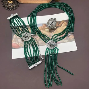 优雅复古多层绿色琉璃珠串珠立体豹子铜材质项链手链戒指套装百搭