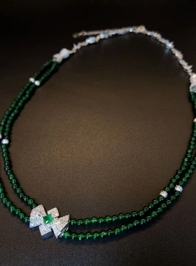 高级感铜镶锆蝴蝶结吊坠绿色串珠项链女小众设计时尚通勤饰品