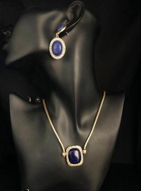 复古vintage饰品气质百搭铜材质蛇链青金石宝石镶嵌项链耳环套装