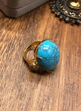 高级设计感镀真金绿松石宝石镶嵌戒指优雅气质百搭指环复古风首饰