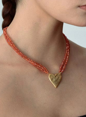 法式小众设计浪漫感橙红色水晶锆串珠爱心吊坠项链个性款颈链