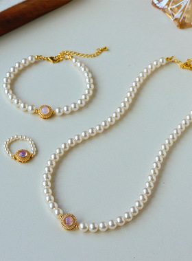 法式轻奢时尚施家珍珠粉玉髓项链女精致百搭气质锁骨链