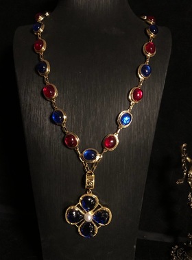 中古vintage饰品镀真金彩色琉璃吊坠项链优雅气质百搭毛衣链