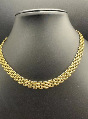 中古Vintage法国回流款编制黄铜锁骨项链珠宝扣头百搭素金项链