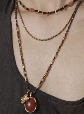 护身符系列双面石四叶草一款多戴项链百搭复古轻奢毛衣链金色双色