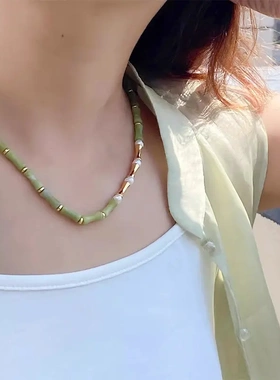 国潮中国风小众设计清新橄榄绿色玉石竹节串珠简约短款项链锁骨链