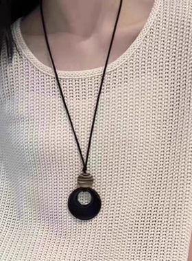 韩国串珠新中式黑玛瑙黑绳项链长款复古轻奢小众设计感夏季新款项