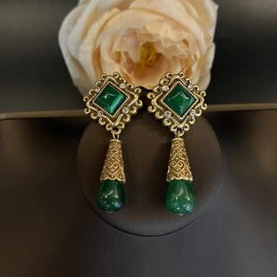 复古宫廷风祖母绿孔雀石耳钉气质镶钻几何长款绿髓银针耳环耳饰