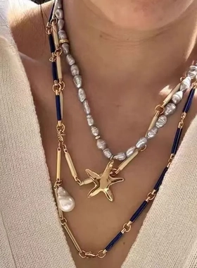 原版现货新款珐琅度假风蓝色项链高级感海星珍珠轻奢锁骨链颈链女