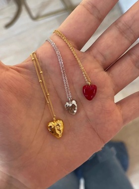 ins韩国小众捶打纹爱心项链女轻奢设计陨石珐琅小红心吊坠锁骨链