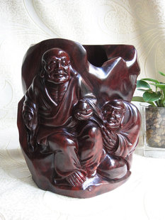 马狮麟印度小叶紫檀木雕件 紫檀禅林双尊罗汉佛像笔筒摆件