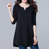 韩版 长袖 纯棉女士显瘦上衣T 女款 黑色春秋打底衫 t恤中长款 宽松大码