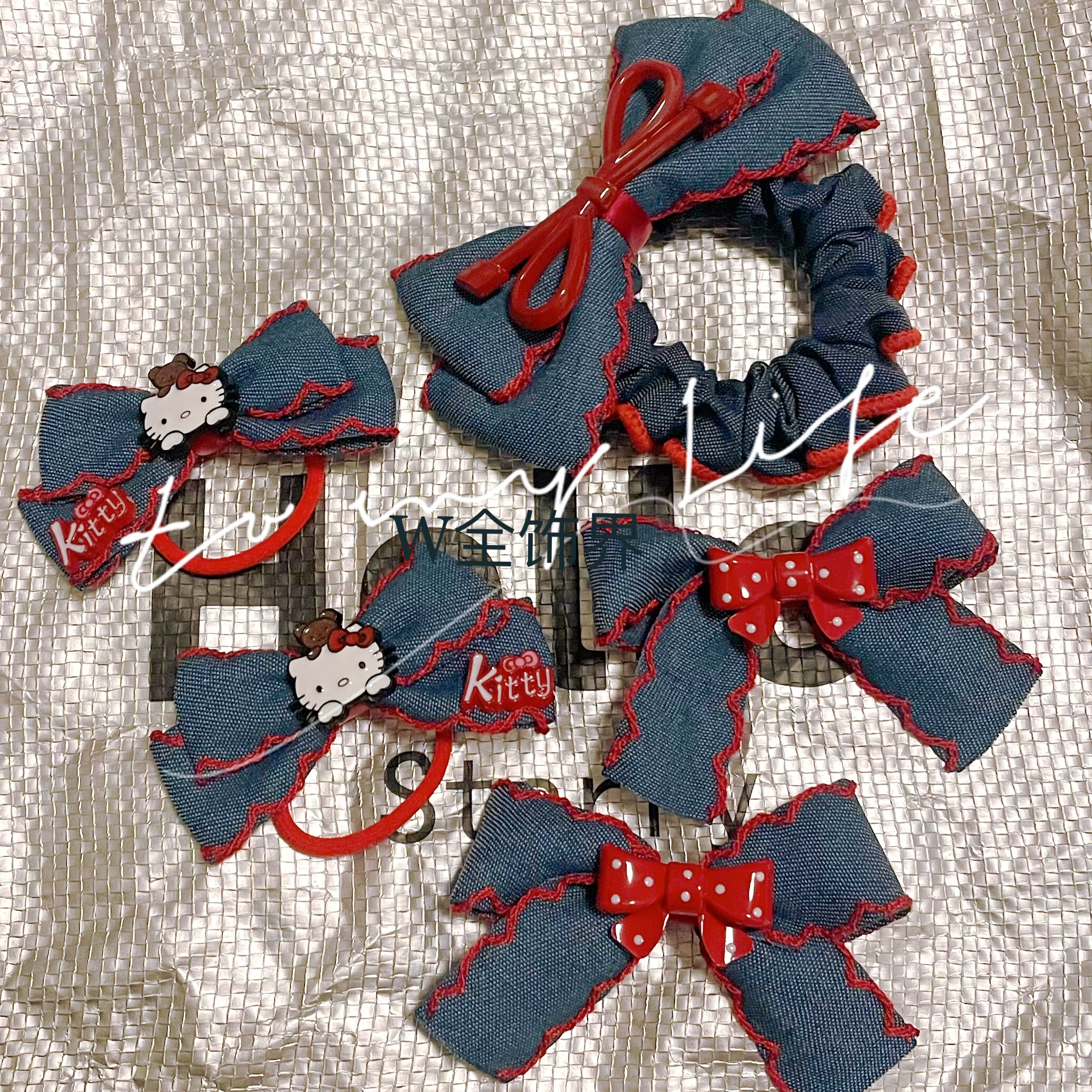 实拍爆好看复古牛仔撞色蝴蝶结蕾丝发圈小红书东大门韩系头绳