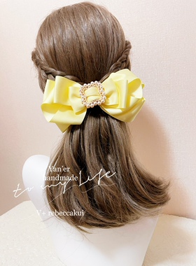 原创设计初秋新品暖糯浅黄色进口棉带珍珠扣多层蝴蝶结发夹弹簧夹