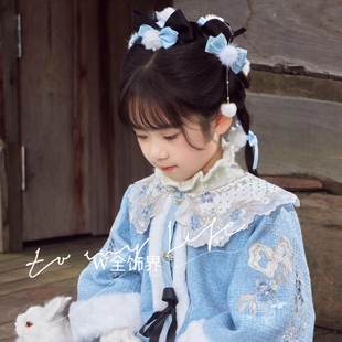 儿童发饰十三余仙境奇遇配饰蓝色拜年服蝴蝶结水貂流苏古风发夹