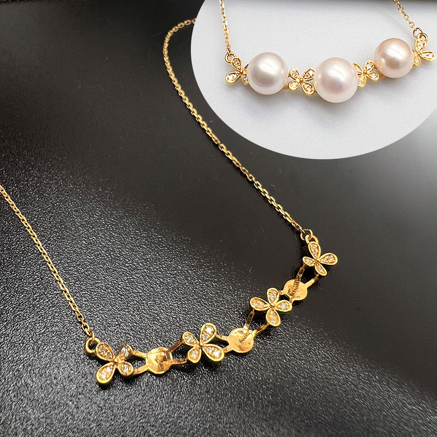 18K金钻石蝴蝶微笑项链锁骨链珍珠项链空托配件Akoya海水珠套链