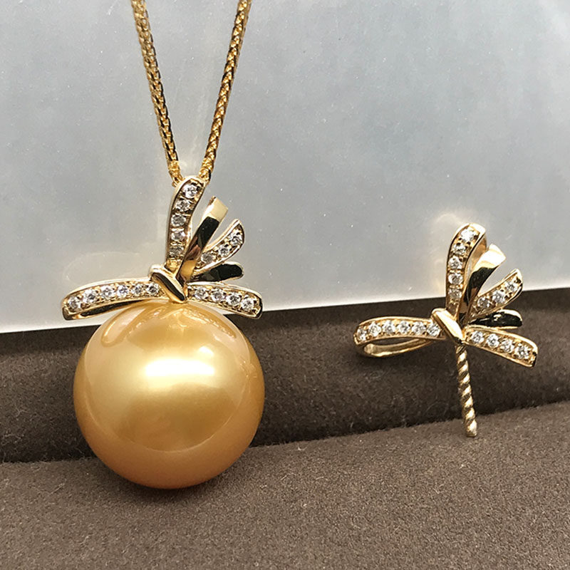 新品18K金蝴蝶钻石扣澳白金珠珍珠吊坠空托大圆珠配件链坠扣AU750