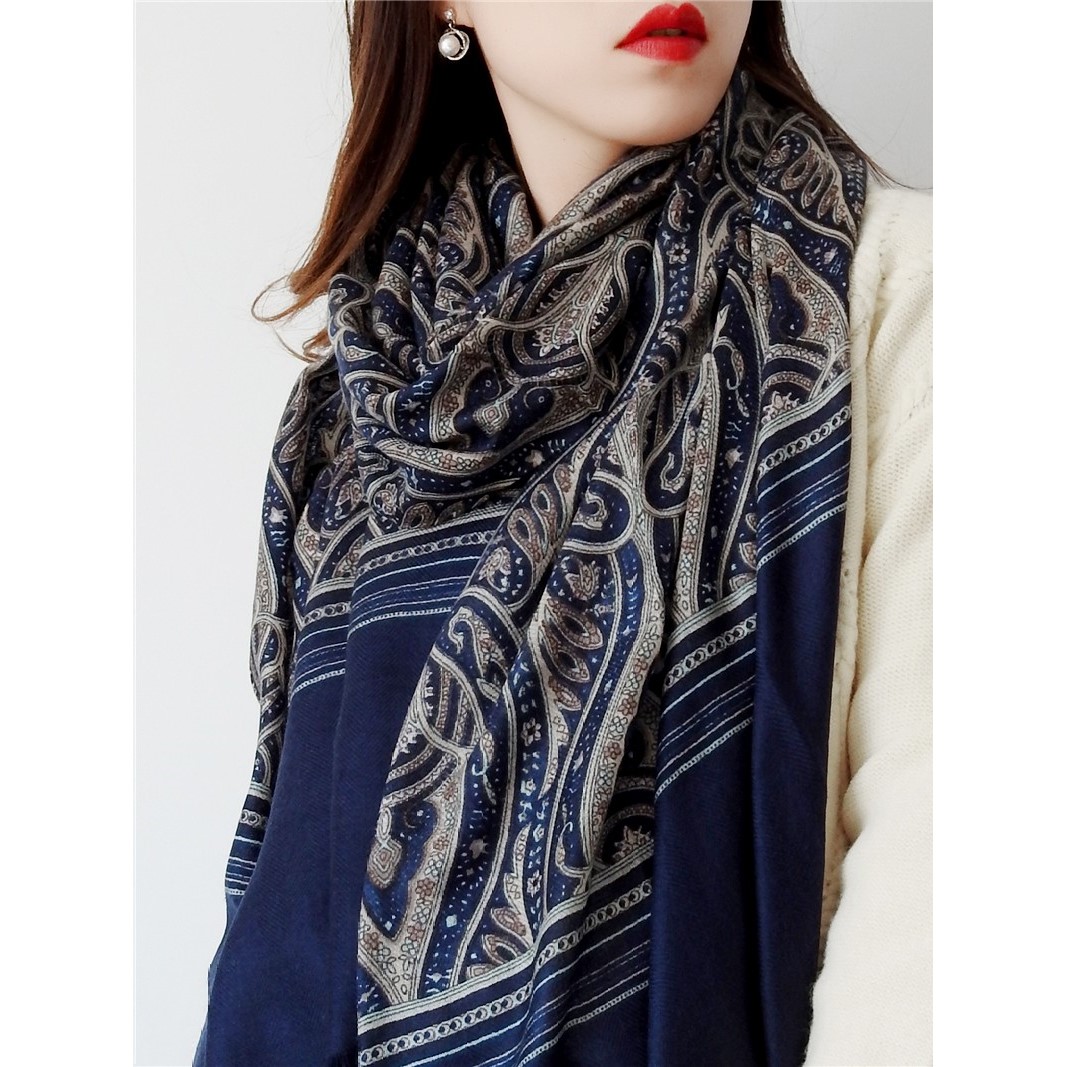 蓝色印花羊毛围巾女秋冬保暖围脖