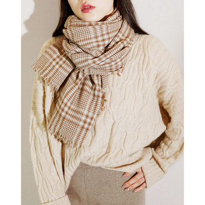 薄款 商务简约格纹绿色山羊绒围巾搭配大衣围脖重工珠片男女通用