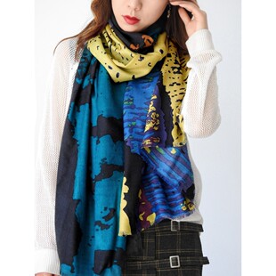 纯羊毛黑黄蓝拼色围巾女冬季 微瑕 一条 150元 薄披肩秋冬 捡漏