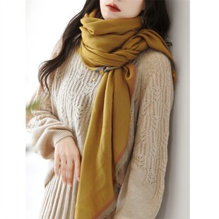 微微光泽感 重工提花缎面双面几何边框纯羊绒围巾围脖女秋冬披肩