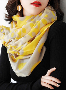 捡漏微瑕150元一条！薄款春秋羊毛黄色波点羊毛围巾女