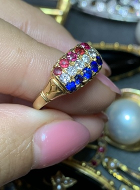 古董18K金钻石石榴石红宝石合成蓝宝石戒指 不退不换