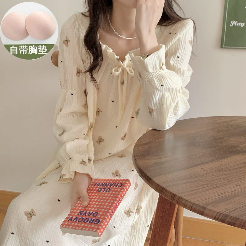 日系甜美可爱蝴蝶结睡裙卡通小熊长袖睡衣女春秋韩系家居服可外穿