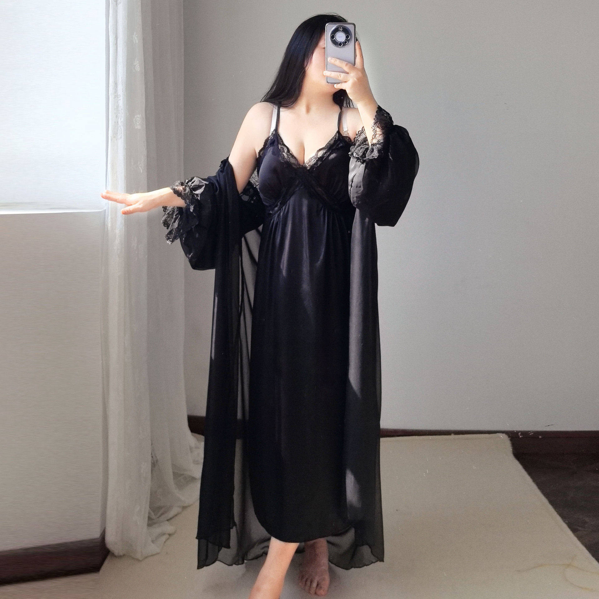 1530特大码女胖mm250斤性感睡衣新款长款吊带纯欲两件套睡衣胸垫