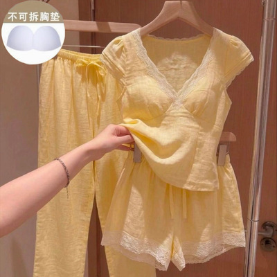 爆款云朵棉花边蕾丝带胸垫短袖长裤女士家居服套装少女风可外穿