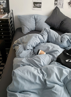 水洗棉纯色四件套简约单人床笠式学生宿舍三件套蓝色灰色床上用品