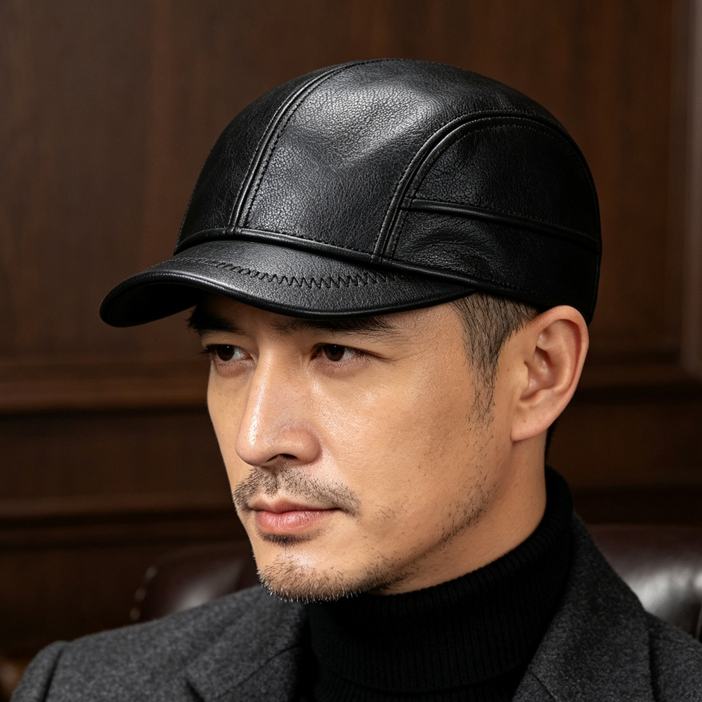 秋冬季牛皮棒球帽男士真皮帽子百搭休闲中老年人保暖户外鸭舌帽子