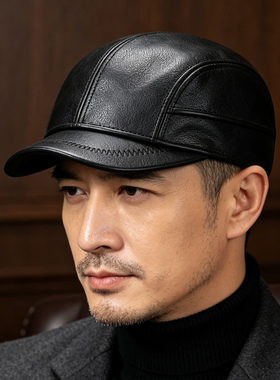 秋冬牛皮男士保暖棒球帽