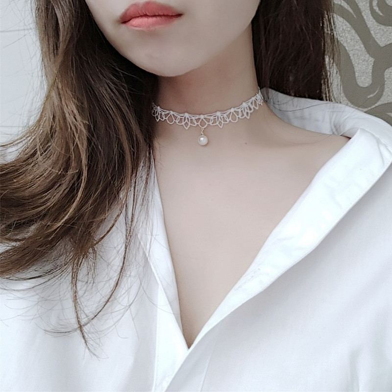 白色蕾丝珍珠项圈choker