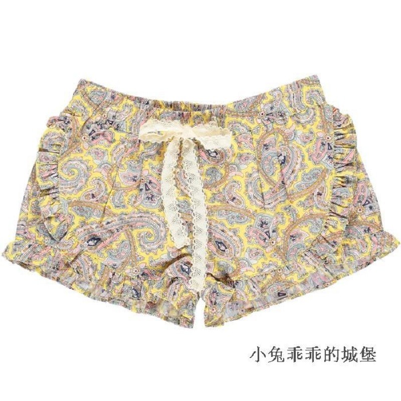 复古宫廷夏季女童纯棉短裤荷叶花边儿童印花可爱宝宝短裤热裤