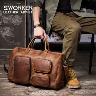 美式复古大容量真皮旅行包手提公文包男士头层牛皮行李袋疯马皮