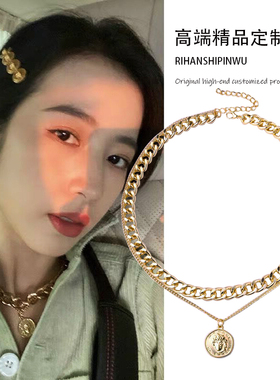 双层吊牌项链周雨彤高级感度假女颈链链条轻奢小众酷港风潮人休闲