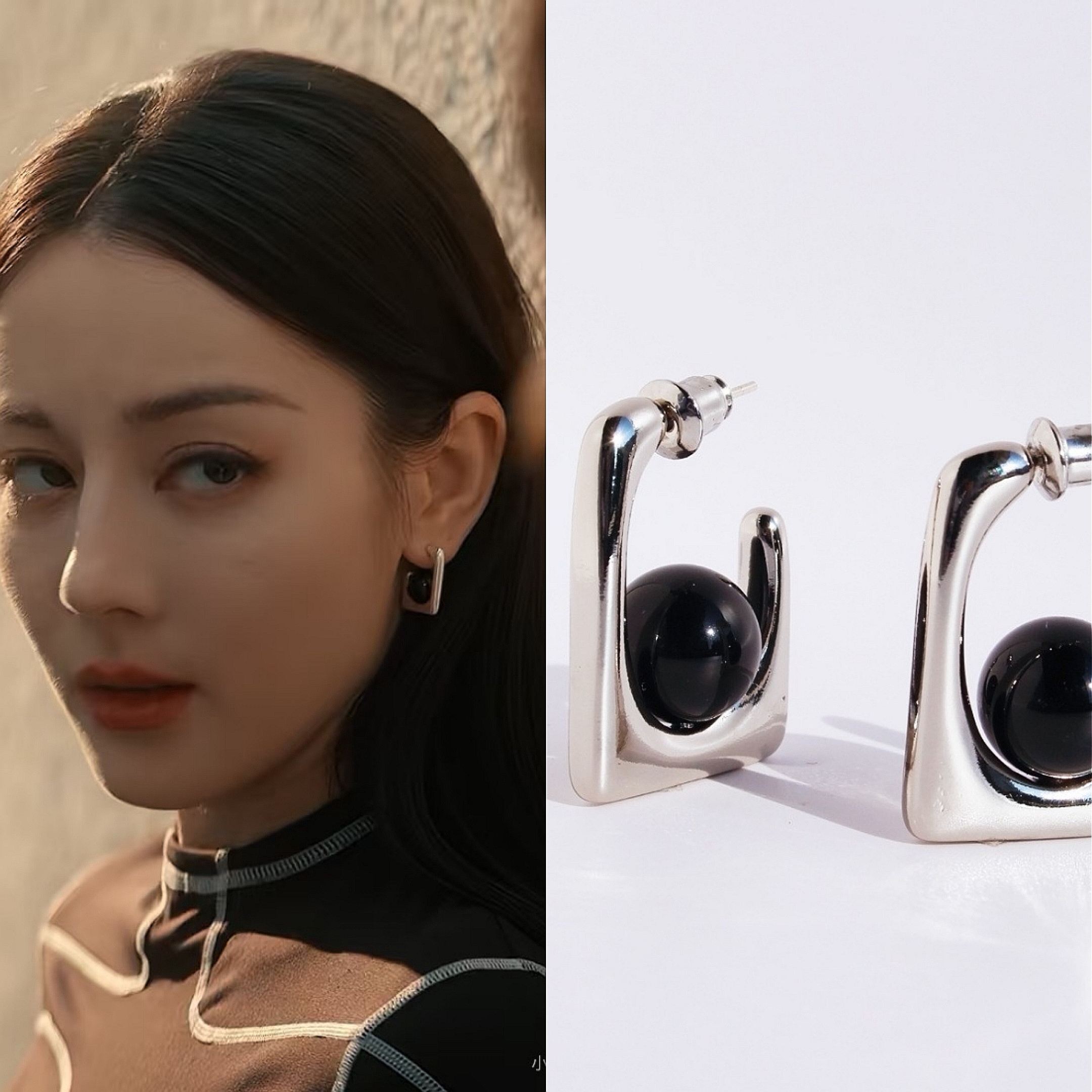 枭起青壤聂九罗同款耳环迪丽热巴几何体黑珍珠耳钉气质高级感耳饰