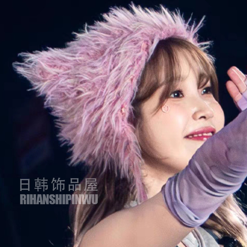 iu同款猫耳帽子李智恩演唱会韩版秋冬可爱粉色毛茸护耳毛线针织帽 - 实物图
