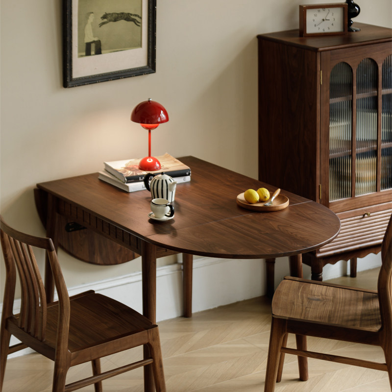 北美黑胡桃木全实木伸缩桌长方形家用饭桌复古折叠椭圆餐桌小户型