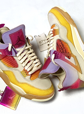 STY定制AIR JORDAN 4 AJ4 扎染 紫色初机号OW联名 男子低帮篮球鞋