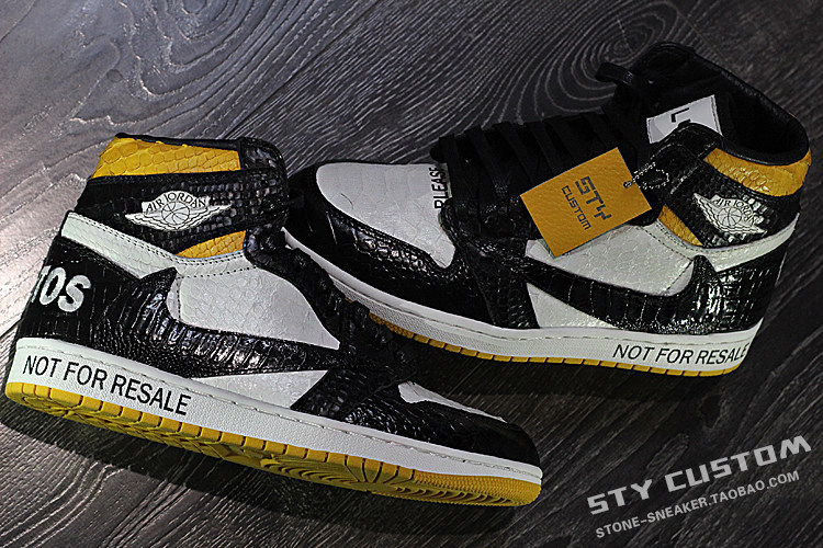 STY定制 air jordan 1 AJ1 黑黄倒钩 禁止转卖蛇纹 高帮潮流板鞋