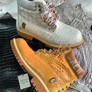 靴子 鳄鱼纹马丁靴大黄靴男女真皮踢不烂增高工装 STY定制 蛇年新款