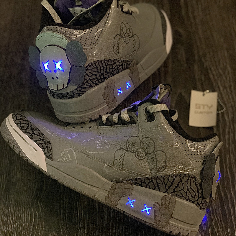 STY定制 Air Jordan 3 AJ3 白红 水泥灰 复古耐克发光板鞋 联名款