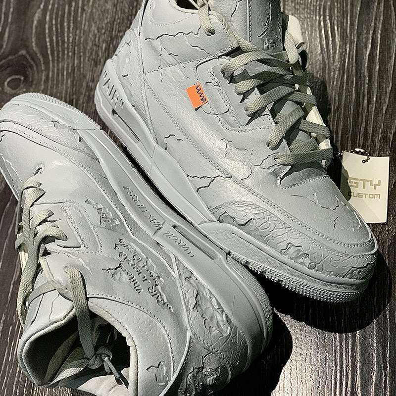 STY定制 Air Jordan 3 AJ3白红火焰红 石膏腐蚀 复刻男子运动鞋