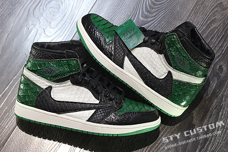 STY定制 air jordan 1 AJ1倒钩蛇纹 黑绿脚趾 复古高帮篮球鞋男女