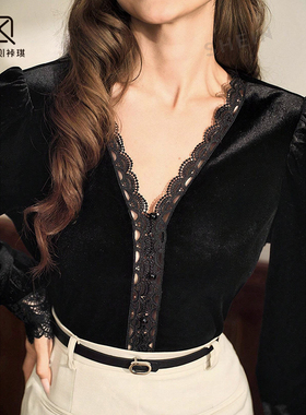 lpink 2024秋冬季新款女装休闲百搭V领蕾丝花边长袖上衣T恤91610